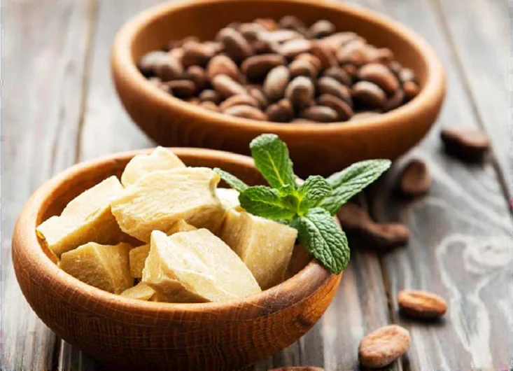 Cocoa butter and cocoa beans in wooden bowls