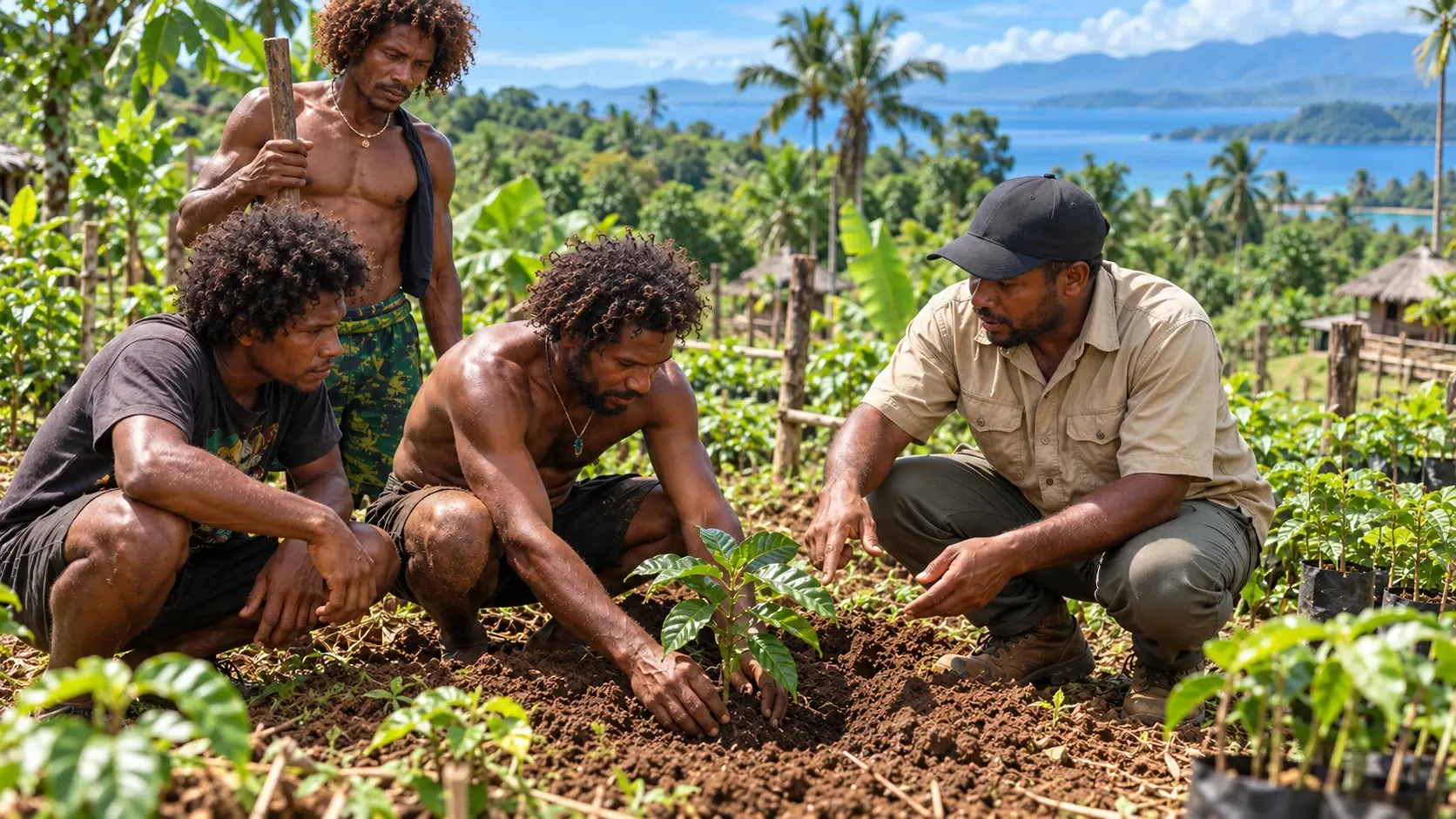 A field officer showing growers how to plant a young coffee seedling on a hillside above the coast