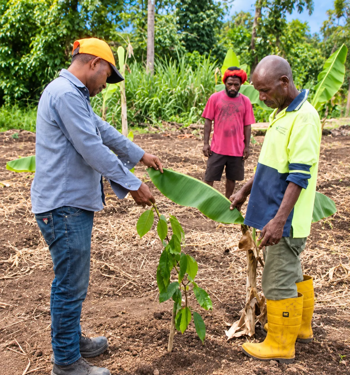 Two men inspecting a young plant in a cleared field