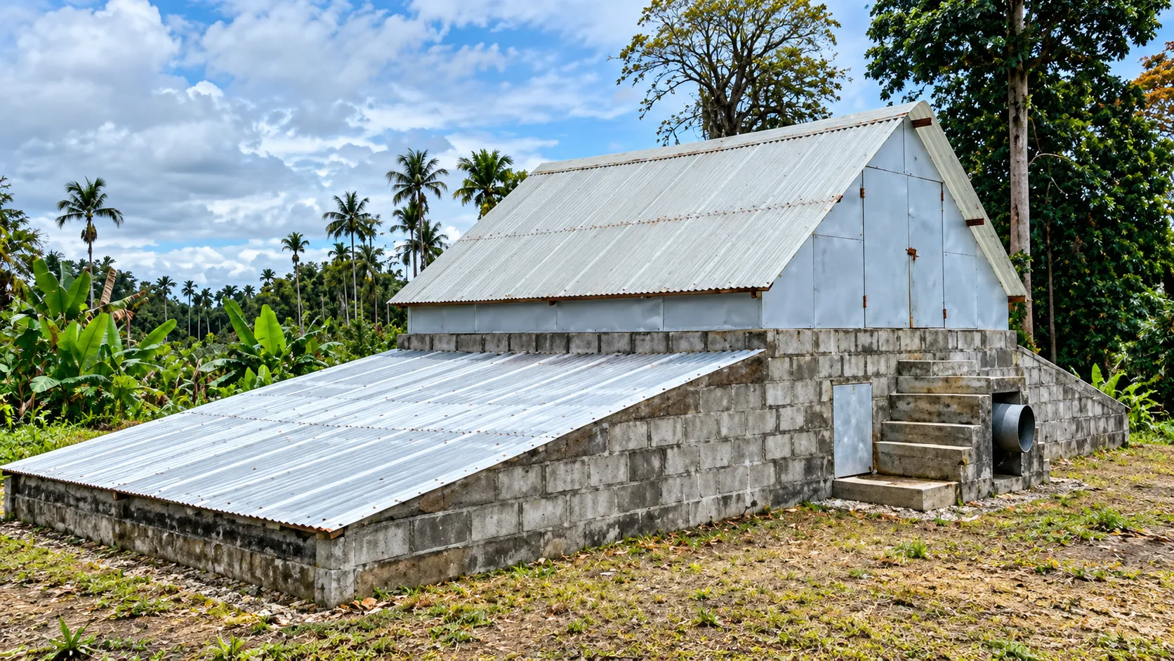 A block-built community building with a corrugated roof, surrounded by tropical trees