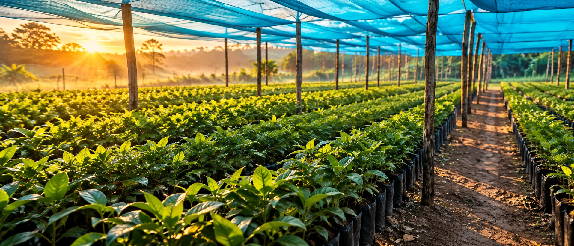 Rows of young cocoa seedlings in black nursery bags under blue shade netting at sunrise