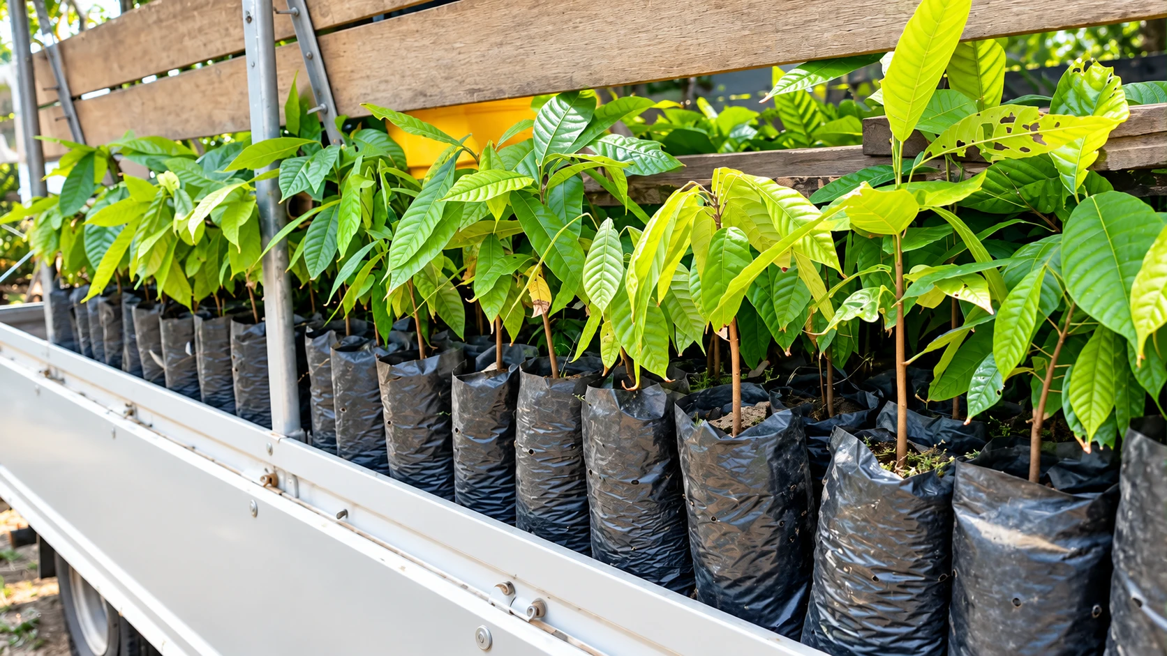 Young cocoa seedlings in black bags loaded on the tray of a vehicle
