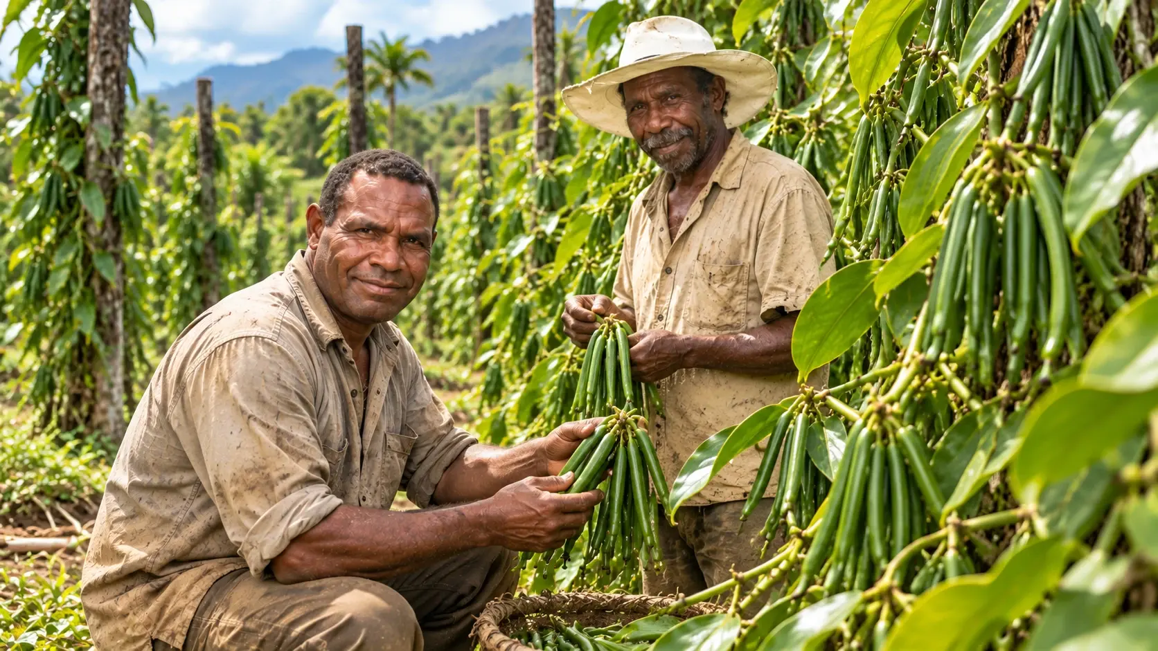 A grower kneeling beside vanilla vines, holding a bunch of freshly picked green pods